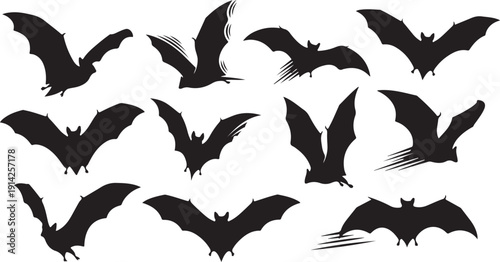 A group of bats flying in different directions against a white background