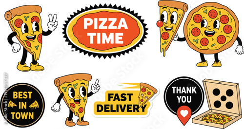 Pizza mascot badges vector set. Funny slice characters with delivery labels and stickers. Fast food cartoon illustration collection.