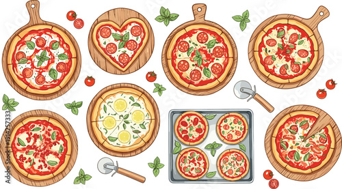 Hand drawn pizza collection vector set. Whole pies on wooden boards with basil and tomatoes. Italian food flat illustration.