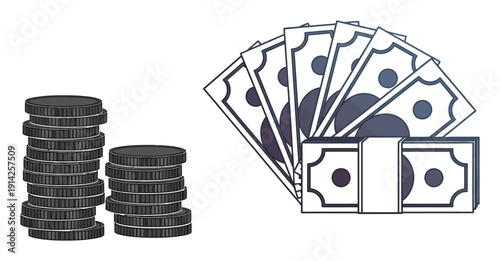 Stacked Coins and Banknotes Vector Illustration