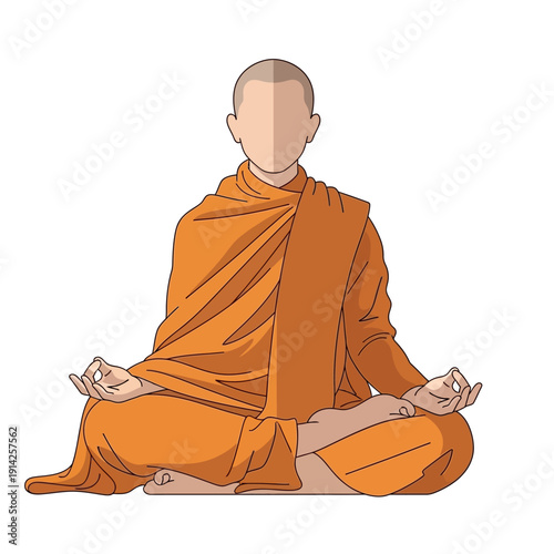 Buddhist monk meditating in lotus pose, serene mindfulness, digital illustration