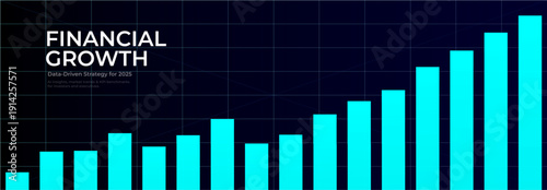 Financial analytics business growth chart digital background, blue rising bars, increase arrow and candlesticks concept for fintech, market trends, predictive investment insights. Vector illustration.
