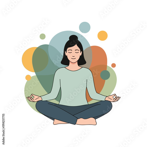 Woman meditating in lotus pose with colorful abstract circles, peaceful mind concept