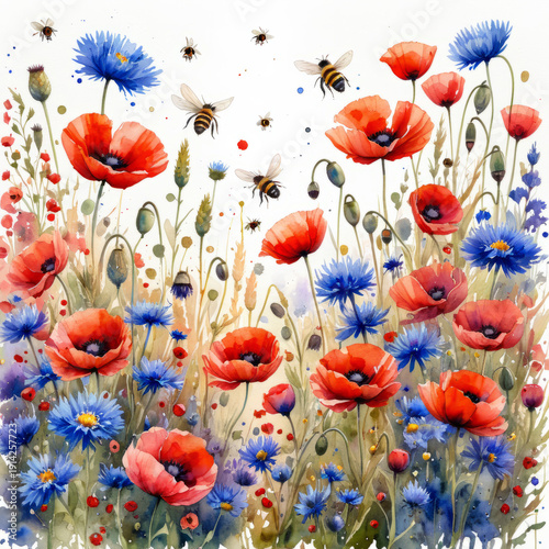 Watercolor field of red poppies and blue cornflowers with honey bees flying around.