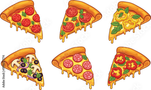 Pizza slice collection vector set. Pepperoni, tomato, mushroom and vegetable toppings. Cheesy Italian fast food flat illustration.