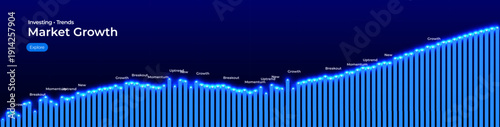 Financial analytics business growth chart digital background, blue rising bars, increase arrow and candlesticks concept for fintech, market trends, predictive investment insights. Vector illustration.