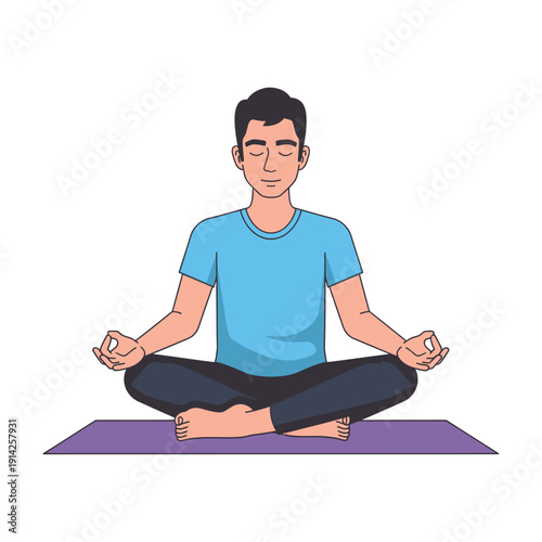 Man meditating in lotus position on yoga mat, calm and relaxed, vector illustration