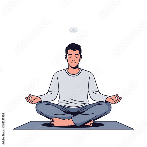 Man meditating in lotus position on yoga mat, illustration, calm, zen, mindfulness