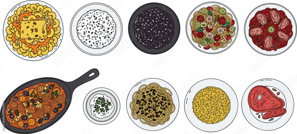 Naklejka premium Italian food dishes vector set. Pasta, risotto, beans, salad and grilled meat in top view. Restaurant menu flat illustration collection.