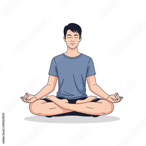 Man meditating in lotus position, calm mind, yoga, zen, relaxation, vector illustration