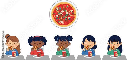 Kids eating pizza vector illustration. Children enjoying fast food and soda at table. Cute cartoon flat design collection.