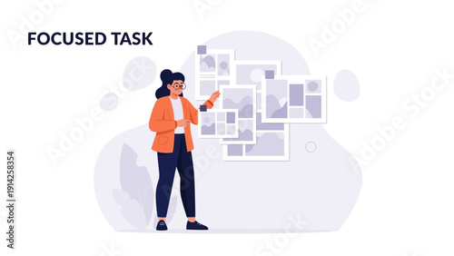 Woman Organizing Digital Content on Wall, Focused Task