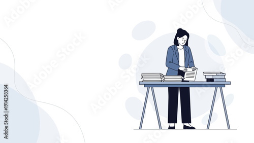 Woman Organizing Documents on Desk, Office Paperwork and Workflow Concept