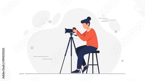 Woman photographer on tripod, capturing image with professional camera, flat design illustration
