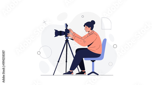 Woman photographer with camera on tripod, creative hobby, flat illustration