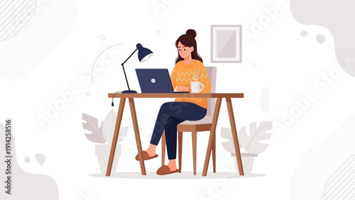 Woman Working From Home on Laptop at Desk with Lamp and Plants
