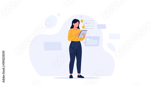 Woman Using Tablet for Online Learning or Business Tasks, Flat Illustration