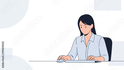 Woman working on computer, focused, modern office environment, flat design illustration