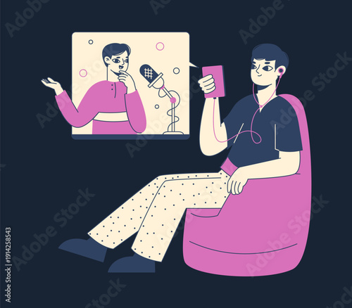 Audio podcast listening. Man listen podcast on smartphone app, holding gadget with audio broadcast flat vector illustration. Podcast listening concept