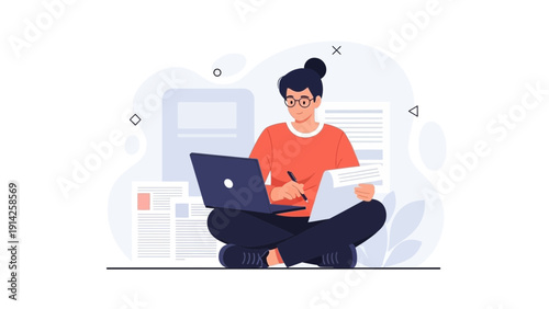 Woman working on laptop surrounded by documents, focused on online learning or project