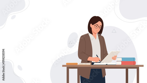Woman writing at desk with books, education, knowledge, studying, working, learning