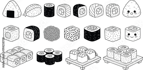 Hand drawn sushi outline set. Nigiri, maki rolls and onigiri in black and white. Japanese food line art illustration.