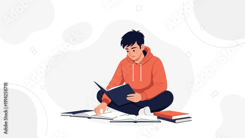 Young man sitting on floor reading books, studying, learning, knowledge, education concept