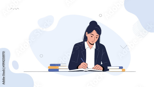 Young woman in business suit writing in notebook with stack of books
