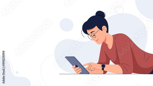 Young Woman Using Digital Tablet, Online Learning, Working, or Browsing