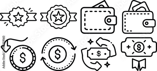 Vip icons set: crown, diamond, star, medal, gift, card in simple black line style
A set of vector black and white medals with ribbons. Sports and gaming awards, including a third-place medal for color