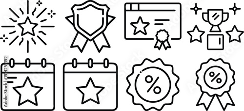Vip icons set: crown, diamond, star, medal, gift, card in simple black line style
A set of vector black and white medals with ribbons. Sports and gaming awards, including a third-place medal for color