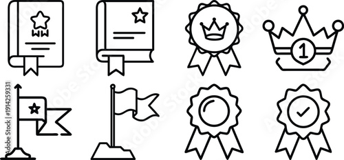 Vip icons set: crown, diamond, star, medal, gift, card in simple black line style
A set of vector black and white medals with ribbons. Sports and gaming awards, including a third-place medal for color