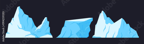 Snowy icebergs. Cartoon frozen glaciers, huge snowy mountains and cracked ice rocks flat vector illustration set. Ice antarctic icebergs on dark background