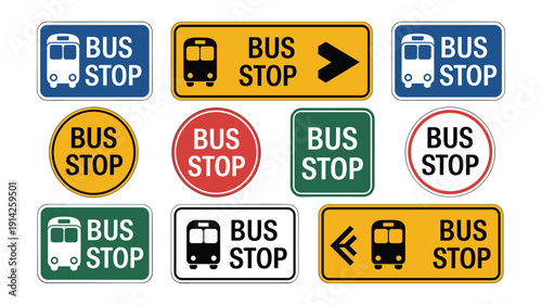 Collection of diverse bus stop signs with bus and directional arrows keywords: transportation public