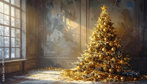 Christmas Tree in Old Room with Sunlight.