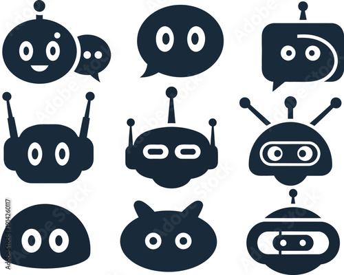 Collection of cartoon robot and chat bot icons in various emotive expressions