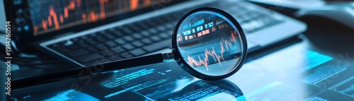 Close-up of a magnifying glass focused on financial data displayed on a laptop, symbolizing analysis, research, and decision-making in the business world.