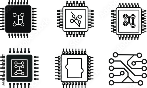 Collection of six black and white microchip circuit board illustrations