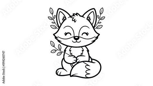 Cute cartoon fox with closed eyes holding a leafy branch in keywords: black outline animal