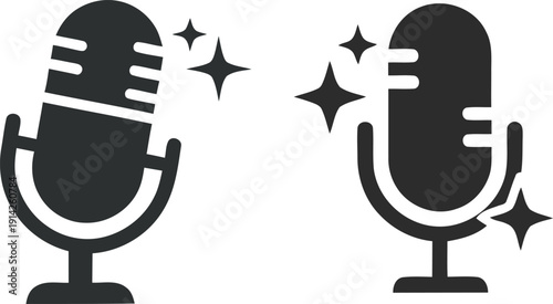 Two black microphones with sparkles on a white background