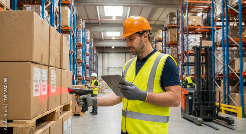 Professional male worker in uniform using digital barcode scanner on cardboard box. Logistics, shipping and inventory management concept in modern distribution warehouse with shelves