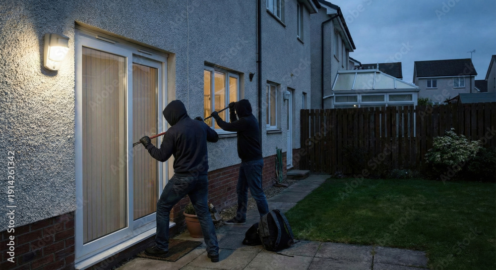 Fototapeta premium Night view of two criminals wearing hoodies using crowbars to pry open a ground floor window of a residential house with a security light on