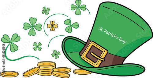 St. patrick's day leprechaun hat filled with gold coins, surrounded by shamrocks and decorative elements on a transparent background, symbolizing luck and wealth