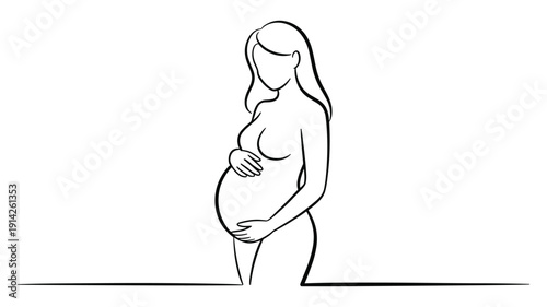 Minimalist keywords: black line of a pregnant woman holding her belly hands