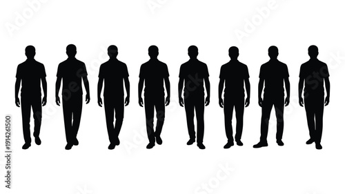 Seven keywords: black silhouettes of men wearing t-shirts and pants standing and walking male white