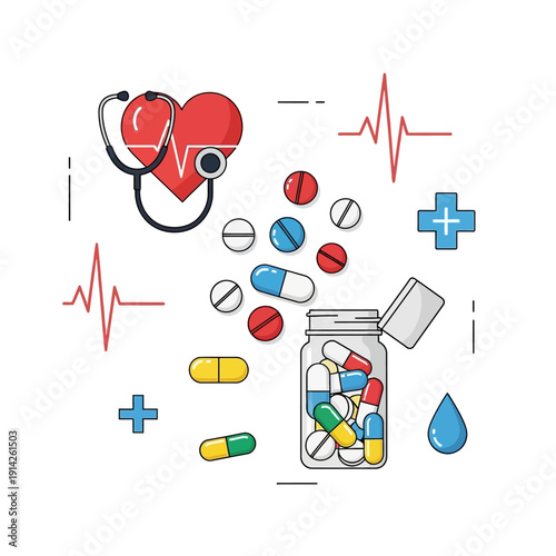 Medical pills and capsules spilling from bottle with stethoscope and heart symbol