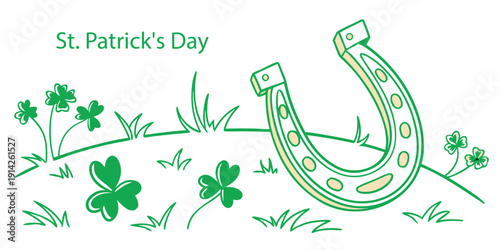 St. patrick's day horseshoe shamrocks clovers grass festive celebration holiday green design vector illustration lucky charm