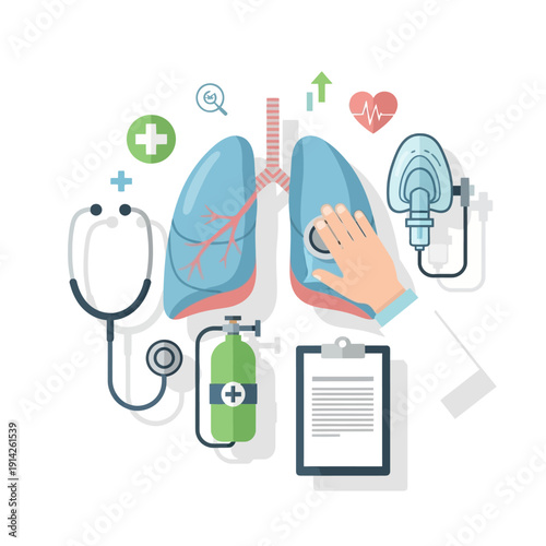 Medical illustration of respiratory system examination with stethoscope, oxygen tank, and ventilator