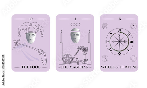 Tarot Major Arcana Cards Set – The Fool, The Magician, Wheel of Fortune, Minimal Line Art on Pastel Background Vector