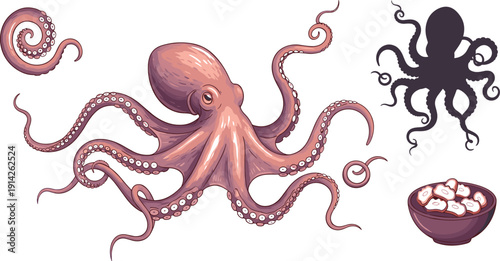 Octopus Vector Illustration with Tentacles Silhouette and Seafood Bowl Detailed Marine Animal for Ocean Wildlife Tattoo and Culinary Design.